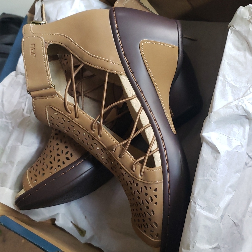 "Nelly" microbuck perforated demi heel sandals